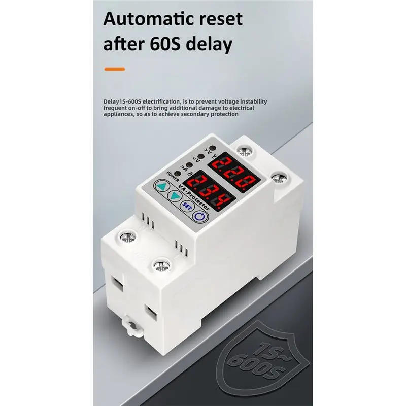 Hot Sale-220V 63A Din Rail Adjustable Digital Over Under Relay Current Protection Auto Reset Protection Device