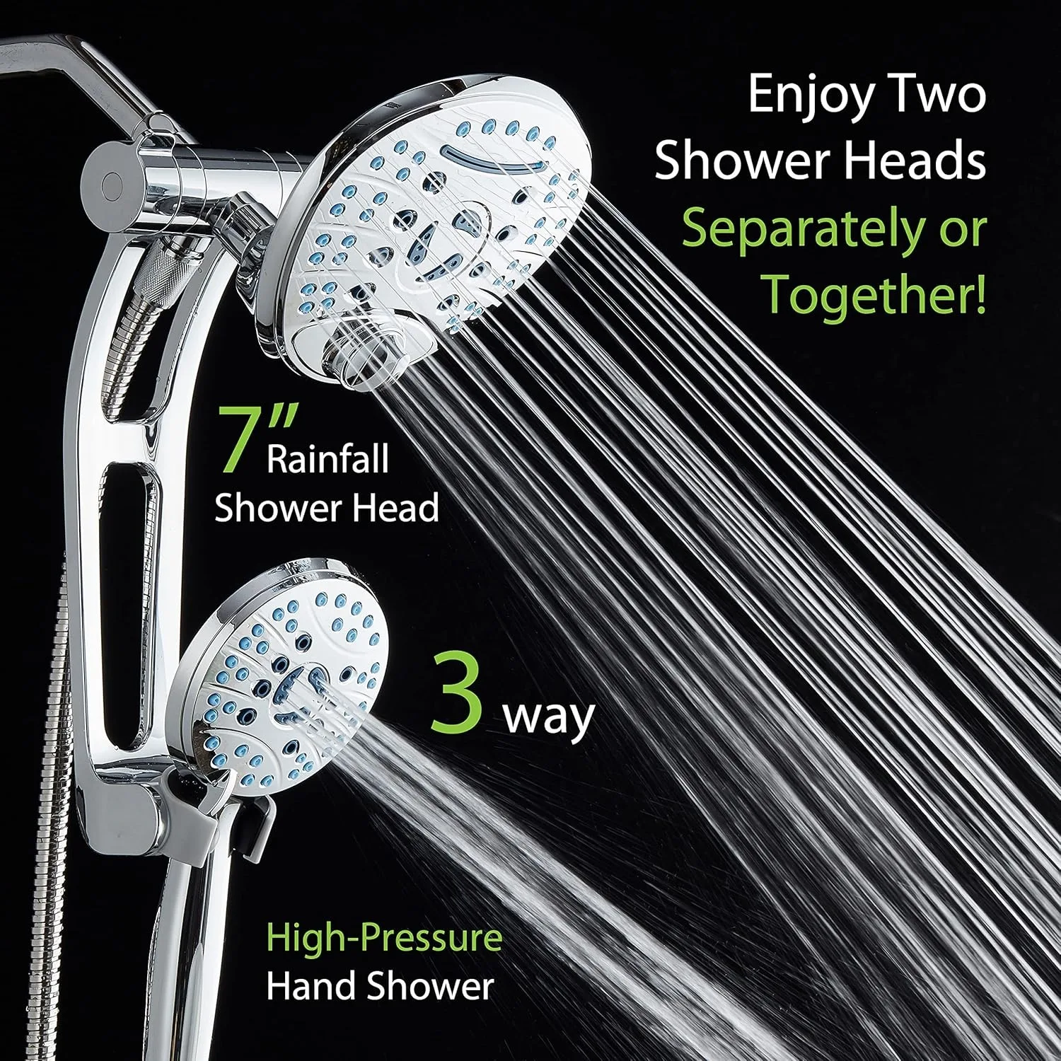 High Pressure Handheld/Rain 80-mode 3-way Shower Head Combo with Adjustable Arm - Anti-clog Nozzles, 6 ft. Stainless Steel Hose