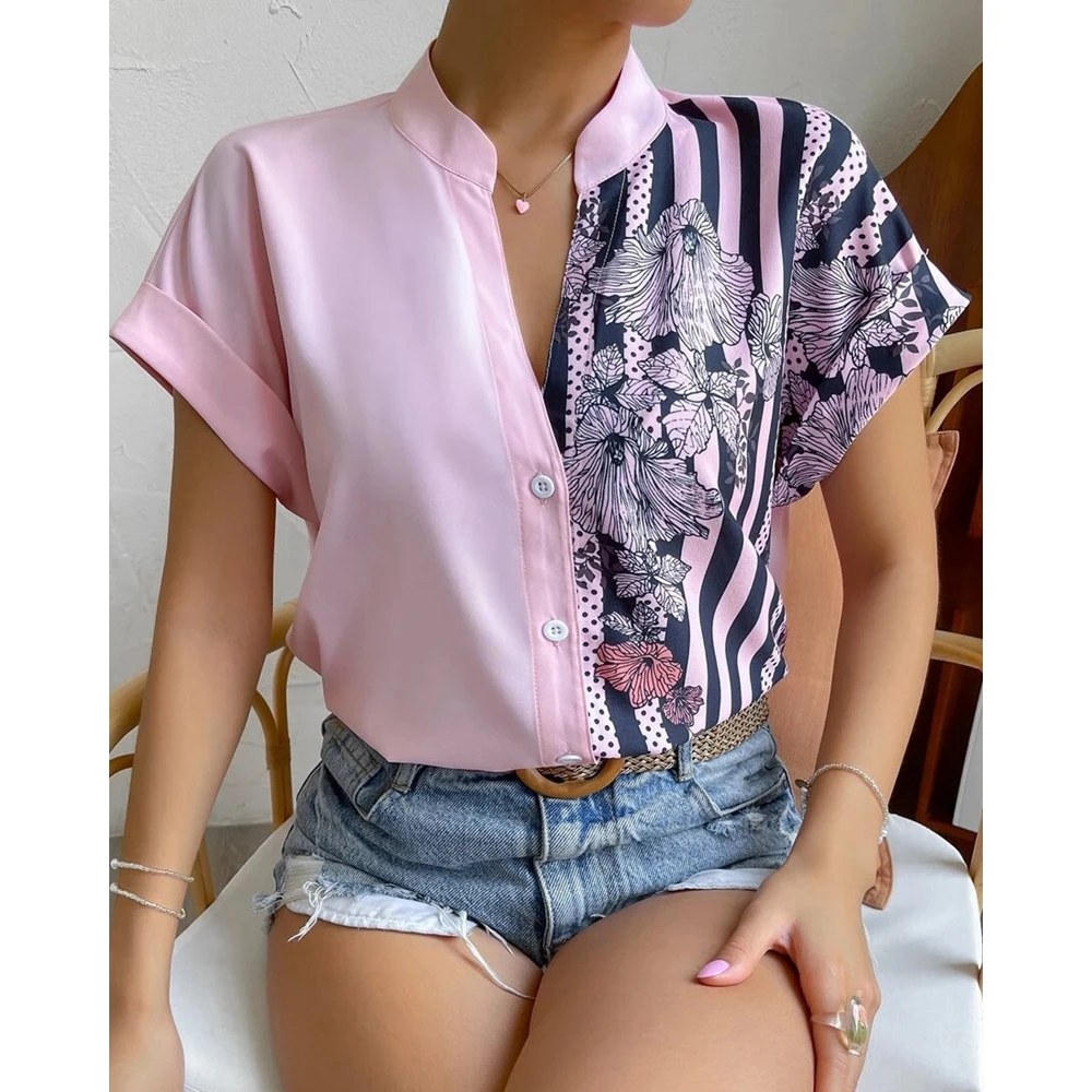 

Fashion Women Short Sleeve Contrast Floral Striped Print Casual Blouse Top Summer Female V-Neck T-Shirts y2k Clothes Streetwear