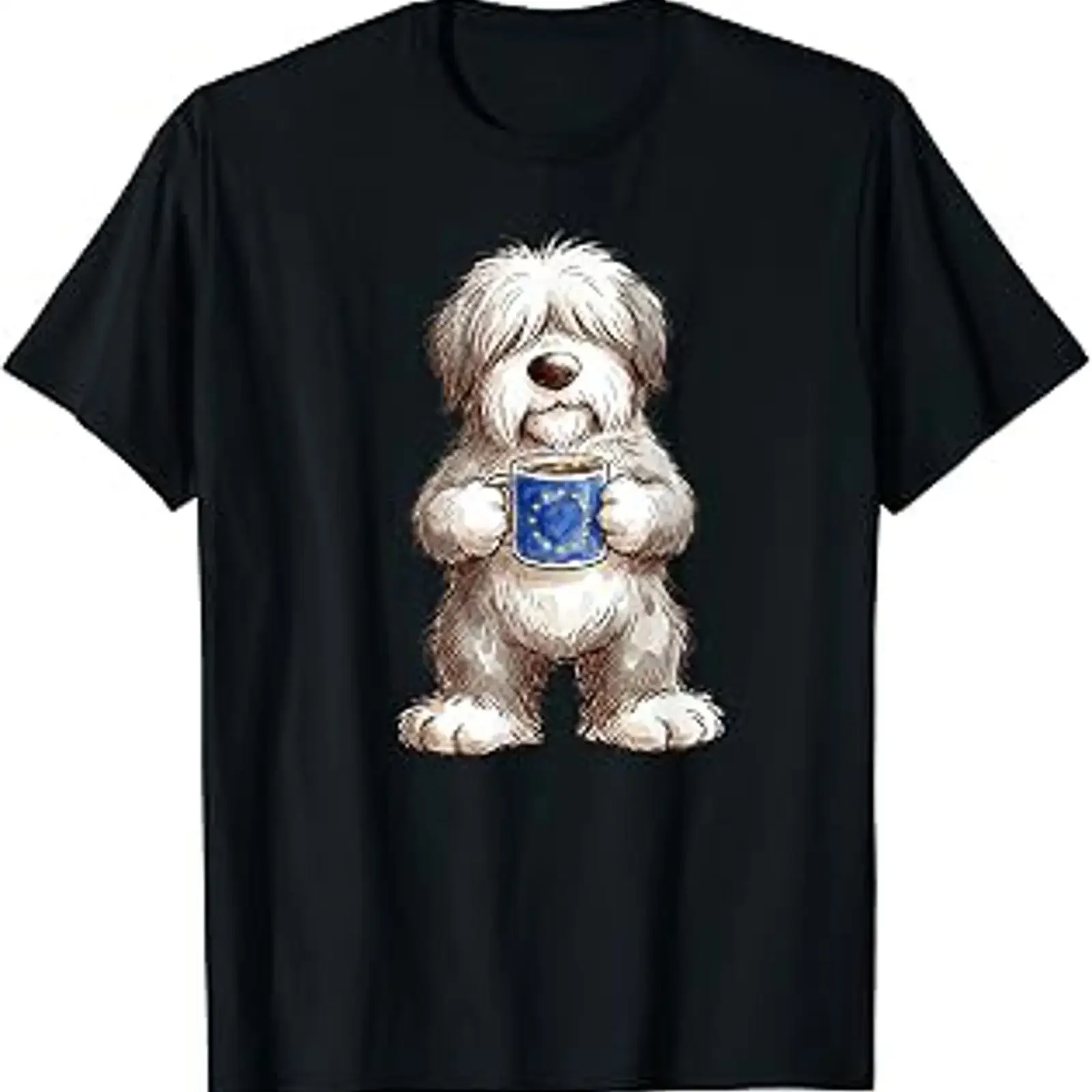 Cute Funny Bobtail Puppy Dog Cup Coffee EU Europe Flag Value T Shirt vintage Washed streetwear graphic Versatile Slightly