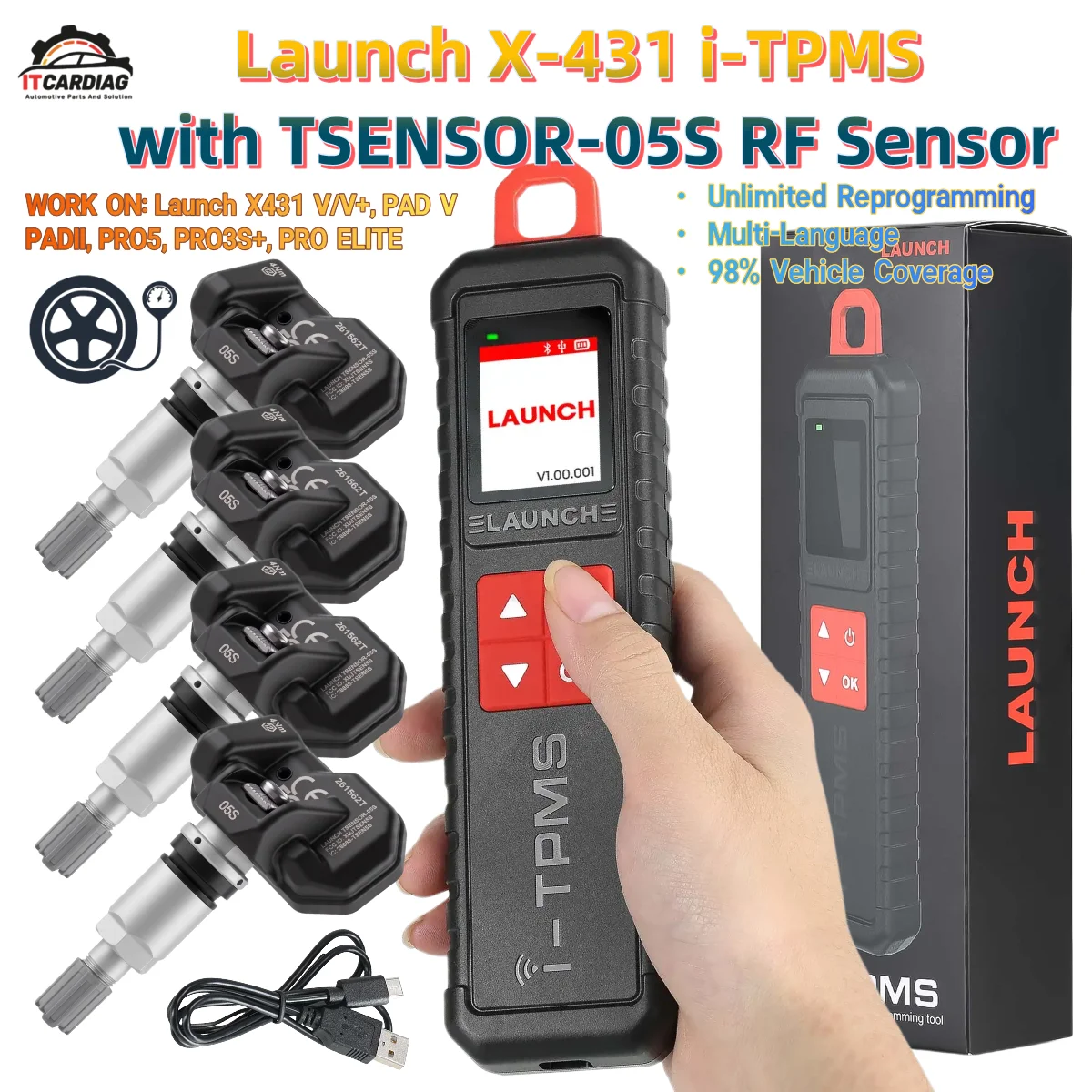 Launch X-431 i-TPMS Tire Pressure Detector with 4pcs TSENSOR-05S RF Sensor 315/433MHz TPMS Service Tool Upgraded of TSGUN/LTR-05
