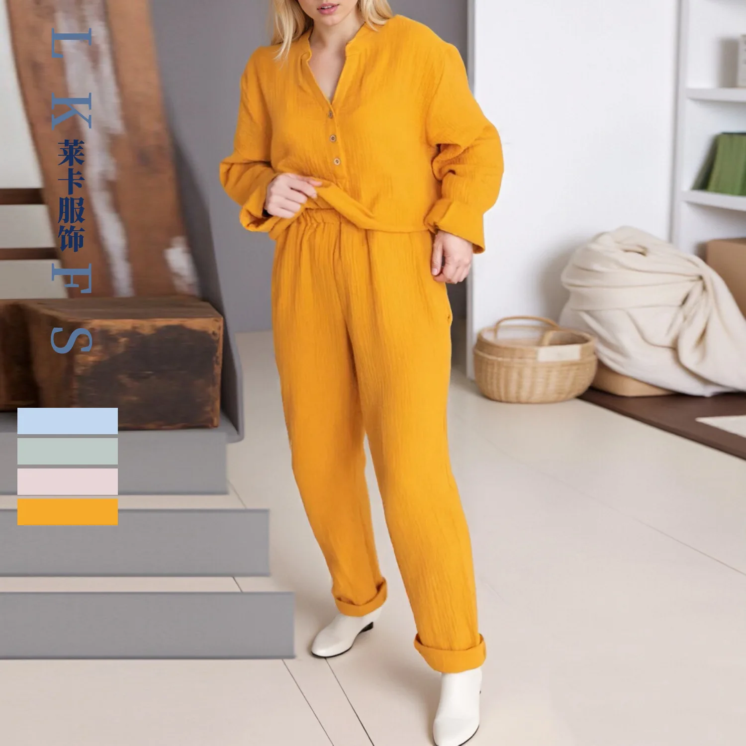 

New Arrival Autumn Women's Fashion V-Neck Knitted Cotton Sleepwear Long Sleeve Pajama Set