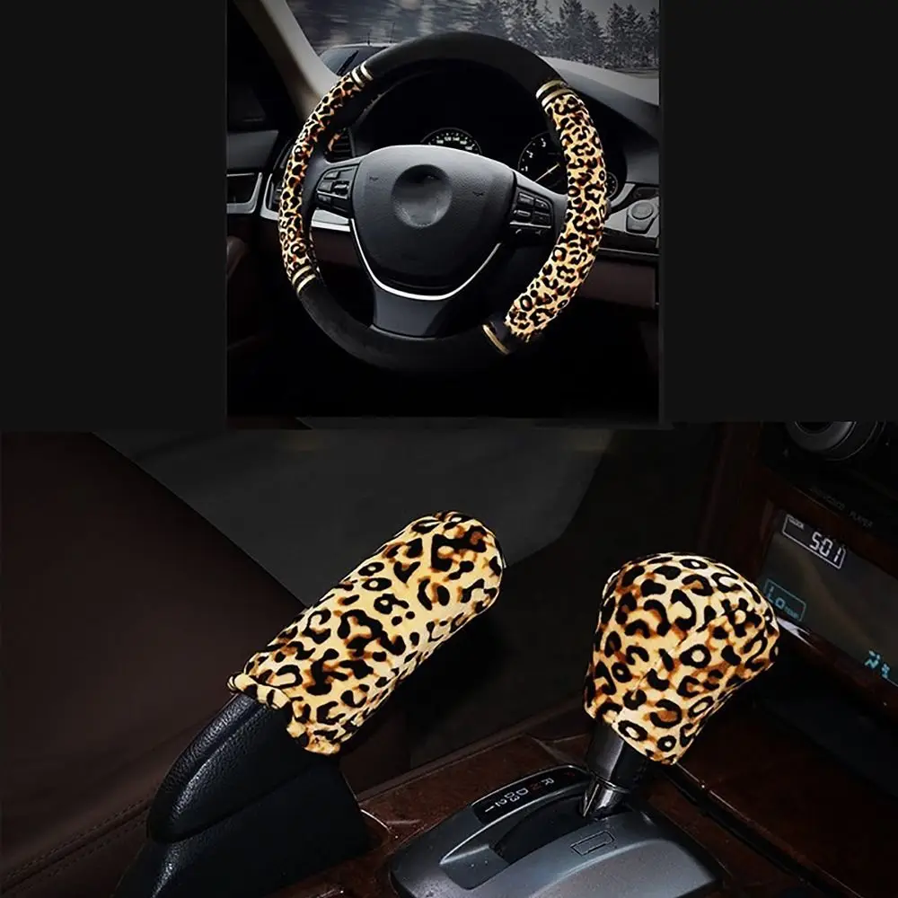 

Durable Leopard Print Steering Wheel Cover Plush Non-slip Car Glove Cover Auto Decoration Handbrake Gear Cover Universal