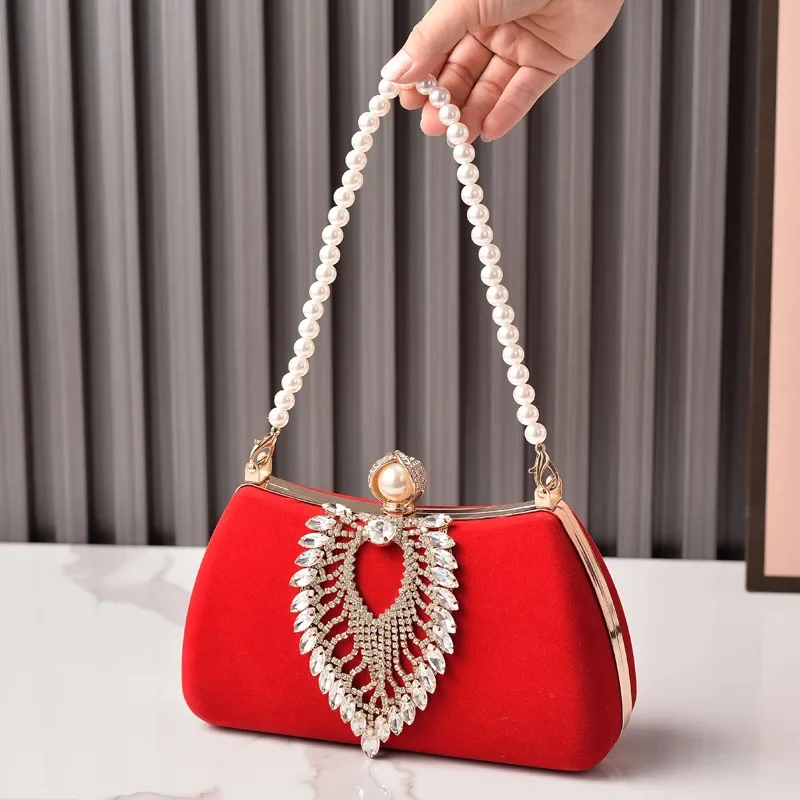 

Fashion Velvet Moon Evening Bags Women Vintage Luxury Party Wedding Clutch Purse Pearl Handle Handbags Rhinestone Shoulder Bags