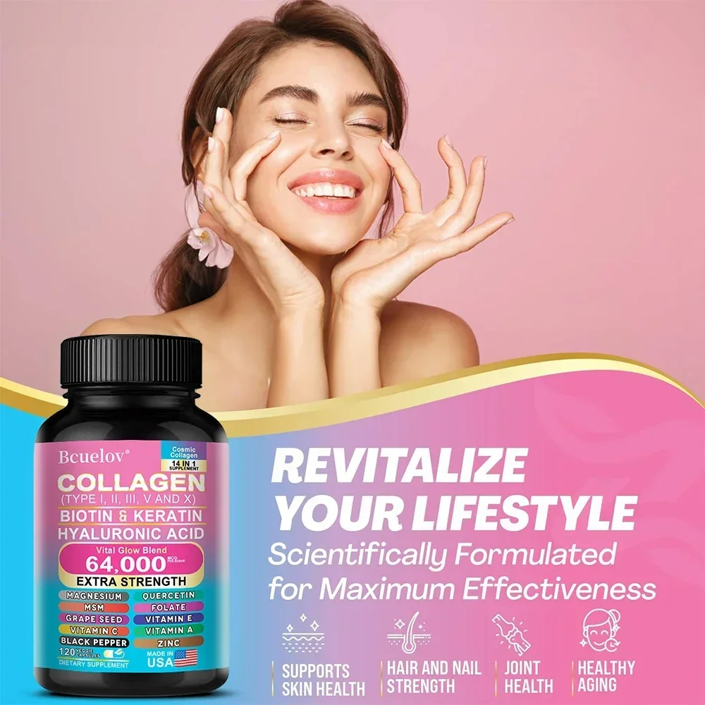 14-in-1 Supplement - Hyaluronic Acid Collagen Capsules for Healthy Skin and Hair, Strong Nails, Immunity and Antioxidant