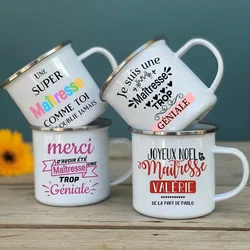 Merci Super Maitresse Print Mug Coffee Tea Cups Drinks Water Cup tazze smaltate School Home Handle Drinkware migliori regali per insegnanti