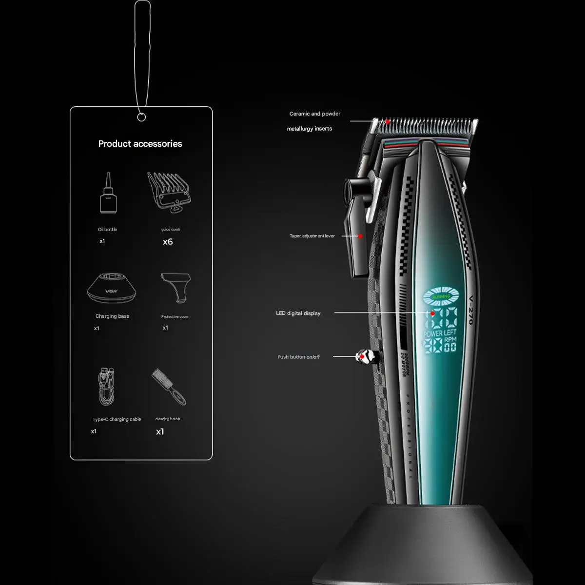 الإسكان المعدني VGR270 Maquina De Cortar Cabello DLC شفرة الحلاق اللاسلكي المهنية الشعر المتقلب للرجال