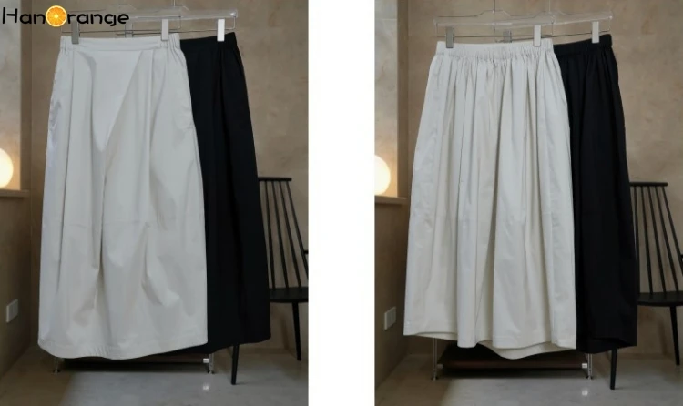 HanOrange 2026 Casual Irregular Fold Folding Elastic Waist Skirt Loose Silhouette A-line Skirt Black/Beige