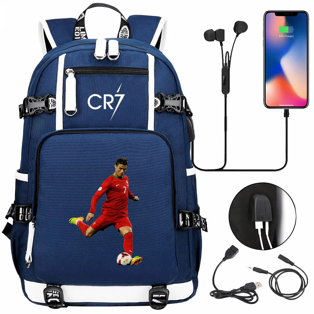 학생용 캔버스 책가방 용량 여행 가방, CR7 백팩, USB 포트, 십대 소녀 소년 책가방