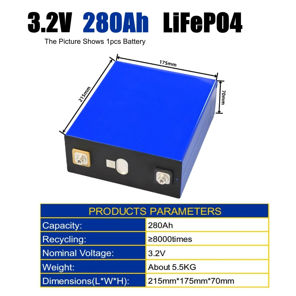 Lifepo4 3.2V 280Ah 8000 cycle Grade A Battery DIY 12V 24V 48V RV Solar Camping Lithium iron phosphate Rechargeable Cell For