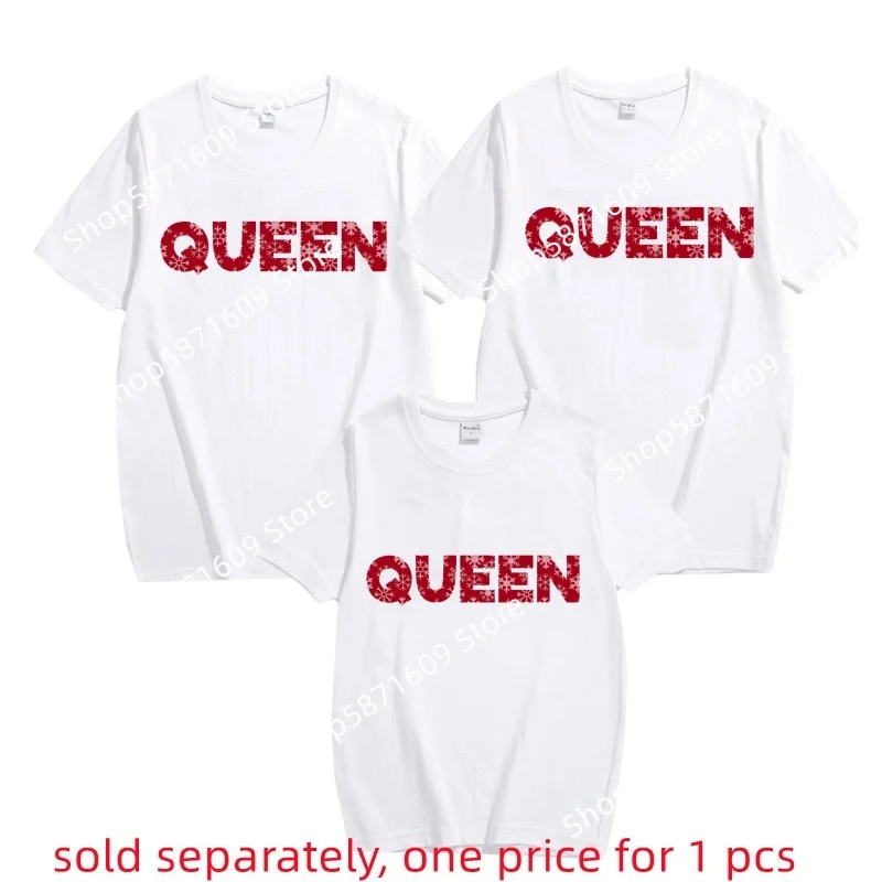 QUEEN OF KINGS Christmas themed family T-shirt, casual and cute holiday short sleeved top for children and adults