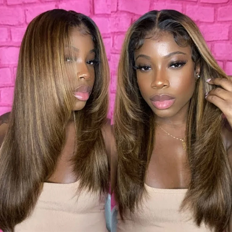 Balayage Brown Blonde Highlight Layered Cut Lace Front  Wigs