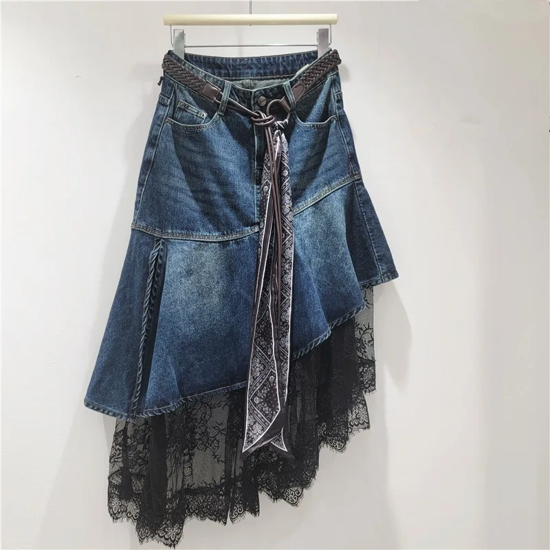 The New Autumn Collection Features Niche Design Lace Silk Scarf Belt Fishtail Skirt Irregular Denim Fashionable Individualistic
