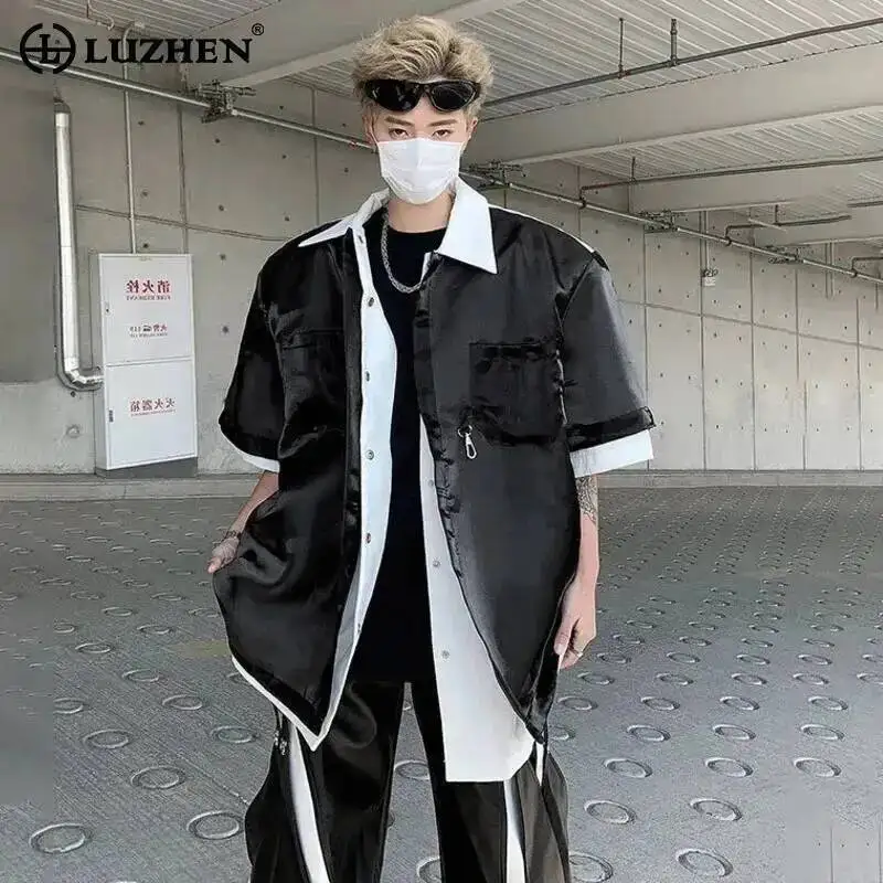 LUZHEN Short Color Contrast Fake Two Piece Sleeve Design Shirts Men's 2025 Summer Streetwear Loose Shoulder Pad Clothes JY7372