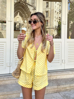 Chic Plaid V-neck Lace Up Shirt Suit Women's Casual High Waist Wide Leg Short Pants Suit 2025 Summer Holiday Beach 2 Piece Sets