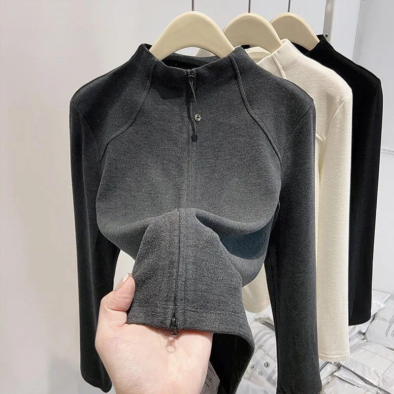Half Turtleneck Thermal Base Layer For Women 2025 New Autumn Double Zipper Cardigan Slim Fit Sweatshirt Inner Wear