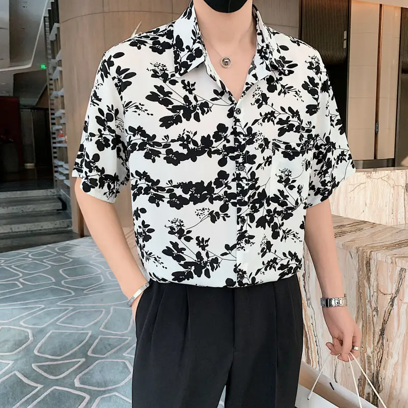

Men Korean Fashion Floral Print High Street Business Casual Shirt Summer Vintage Lapel Short Sleeve Loose Tops Camisas De Hombre