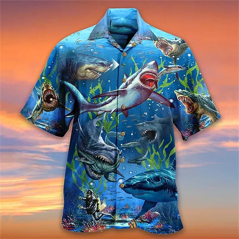 

Men's Shark 3D Printed Shirt Summer Flora and Fauna Print Shirt Men's Hawaiian Beach Short Sleeve Shirt Cool Men's vacation Top