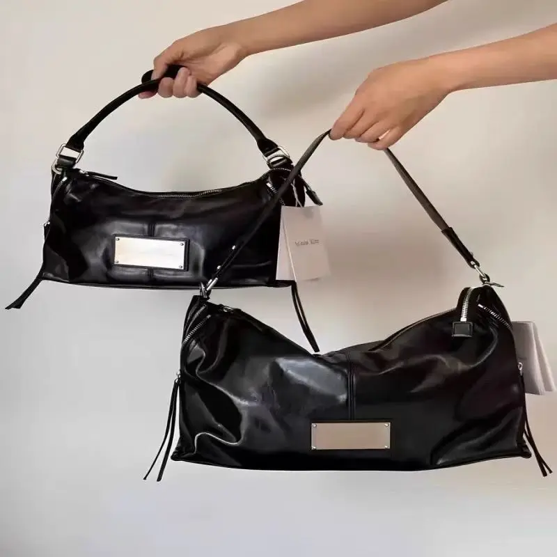 Matin Kim Korean Black Knight Biker Bag Soft Leather Black Matte 2026 New Shoulder Crossbody Bag Women Versatile Fashionable