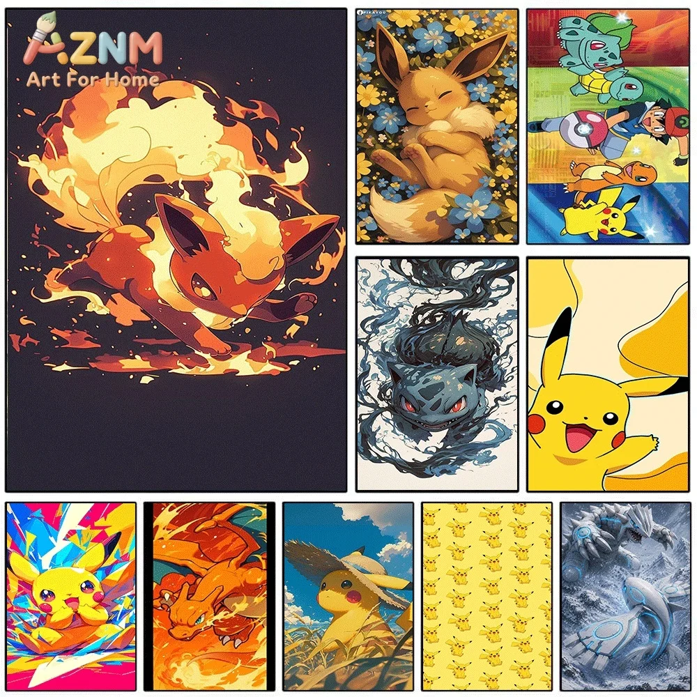 AZNM Flareon Fiery Fox Anime Creature Dynamic Fire‑Type Canvas Wall Print, Pokemon Cartoon Art Poster, Unframed Canvas Paintin