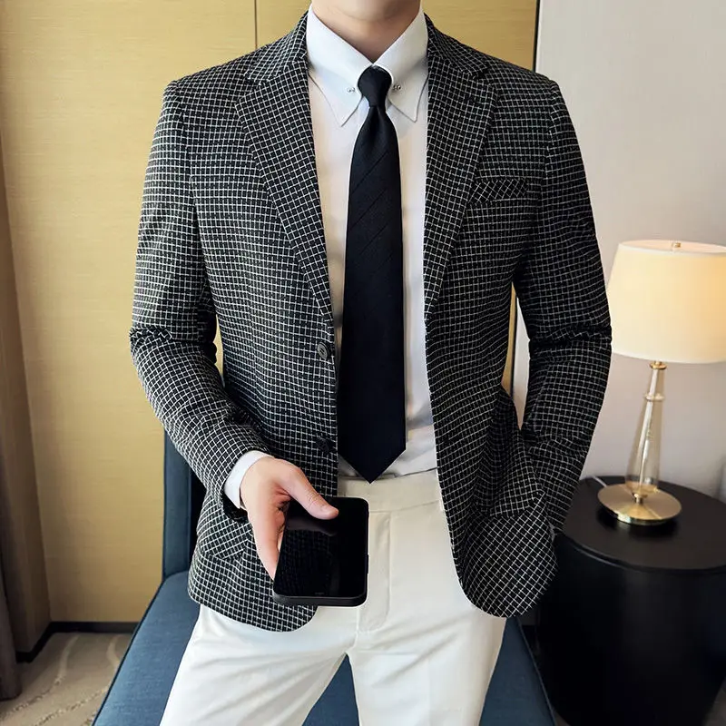 

Autumn Winter Simple Plaid Suit Jacket Men Slim Casual Business Men Blazers Fashion Wedding Groom Banquet Social Dress Jackets