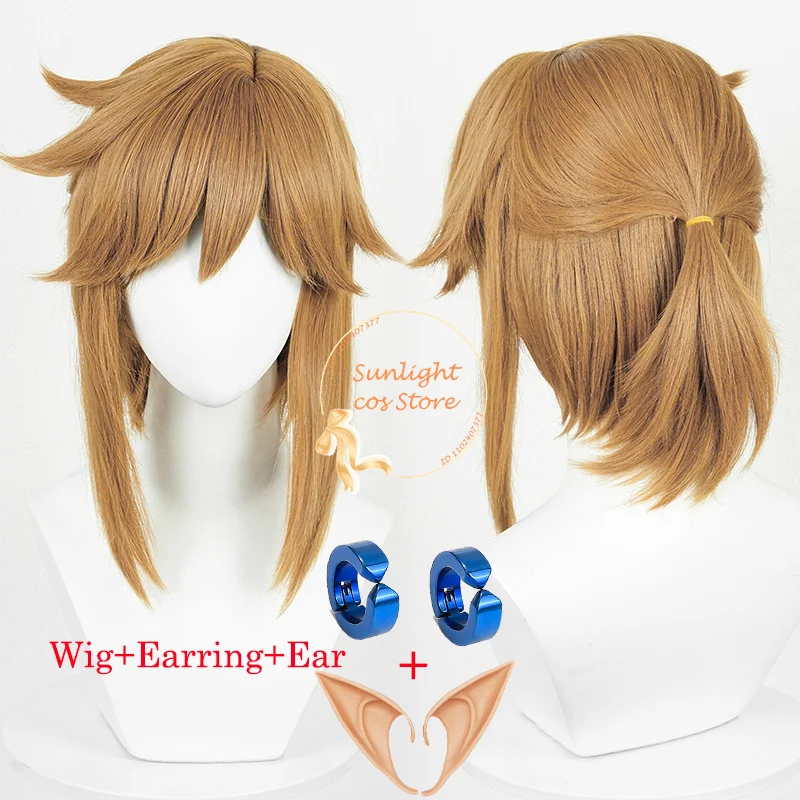 Zelda Link Cosplay Wig Short Dark Brown/Golden Princess Link Anime Wigs Heat Resistant Synthetic Hair Halloween Wig + Wig Cap