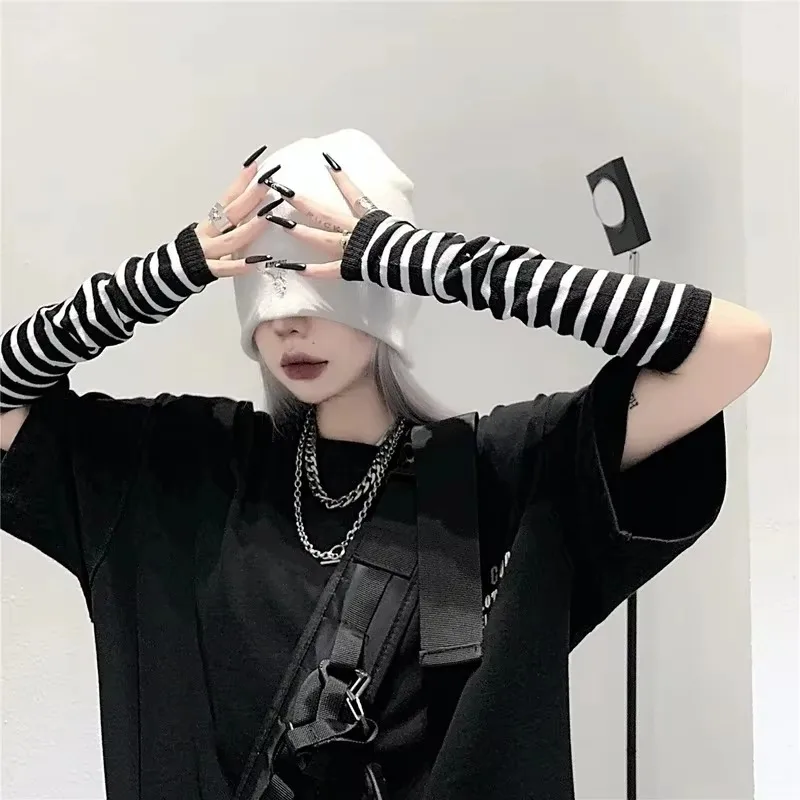 Punk Long Sleeves Fingerless Gloves Cuff for Women Men Stripe Hip-Hop Knitted Elbow Mittens Elastic Winter Arm Warmer Outdoor