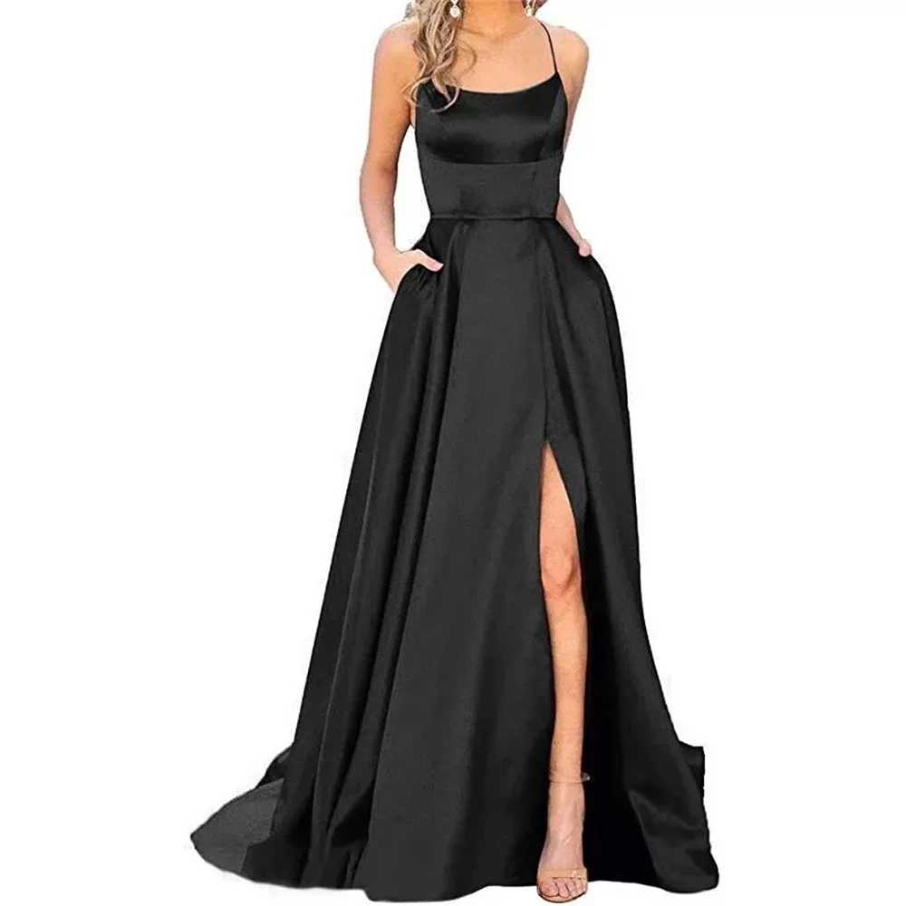 Bealegantom-Vestido largo De satén con tirantes finos para mujer, traje Sexy De fiesta De noche con abertura lateral, QA179