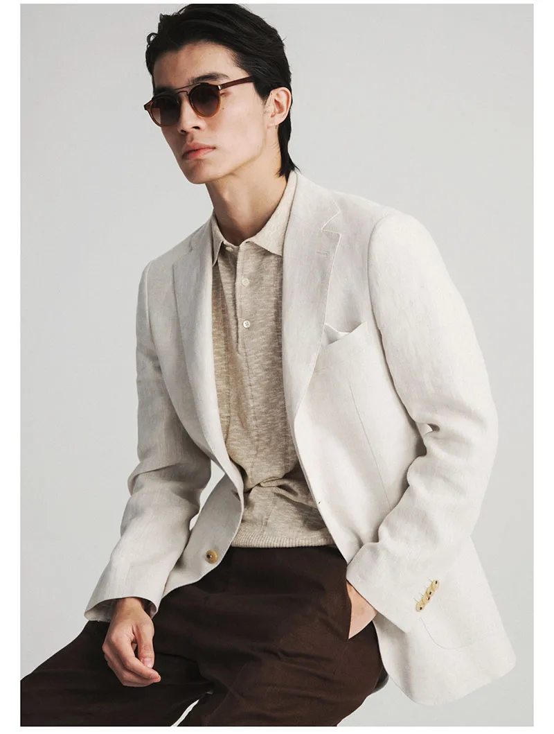 High-end Natural Linen Men's Suit - Lightweight Comfortable, Suitable for Both Business Casual Wear. Breathable Sweat-absorbent