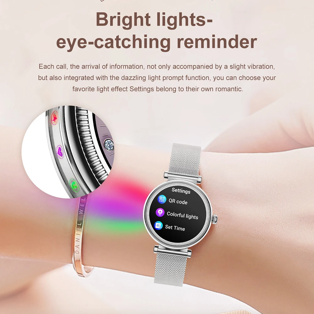 Smartwatch impermeável para mulheres, 1.27 ", chamada de dente azul, freqüência cardíaca, saúde, esportes, luz colorida, música, assistente de voz, senhora