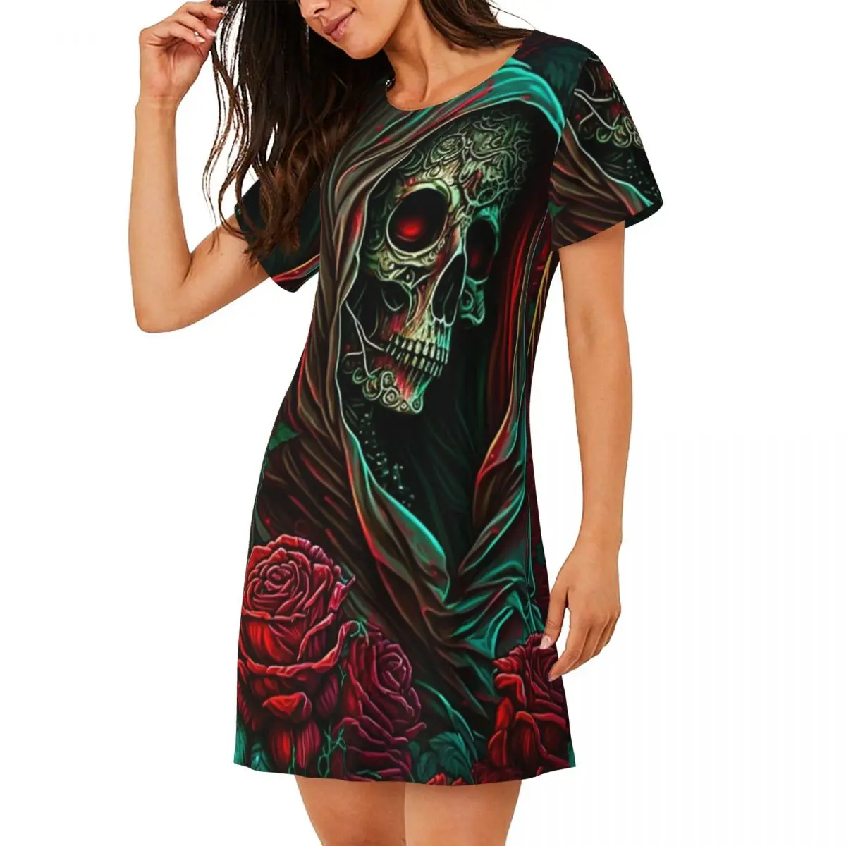 Custom Forest Roses Santa Muerte Short Sleeves Nightdress For Sleepshirts Women Short Sleeve Nightgowns Soft Pajama Dress