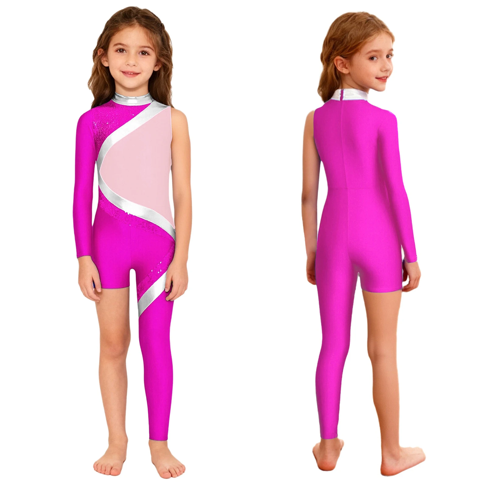 

Kids Girls Figure Skating Rhythmic Gymnastics Leotards Asymmetrical Jumpsuit Shiny Sequins Contrast Color Performance Bodysuits
