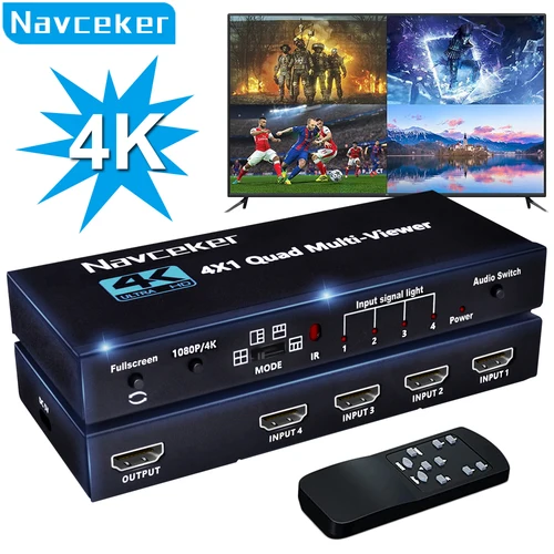 HDMI 4x1 멀티 뷰어 스위처, 심리스 쿼드 스크린, 실시간 멀티 뷰어 스플리터, IR 포함 4 in 1 out HDMI 스위치 어댑터