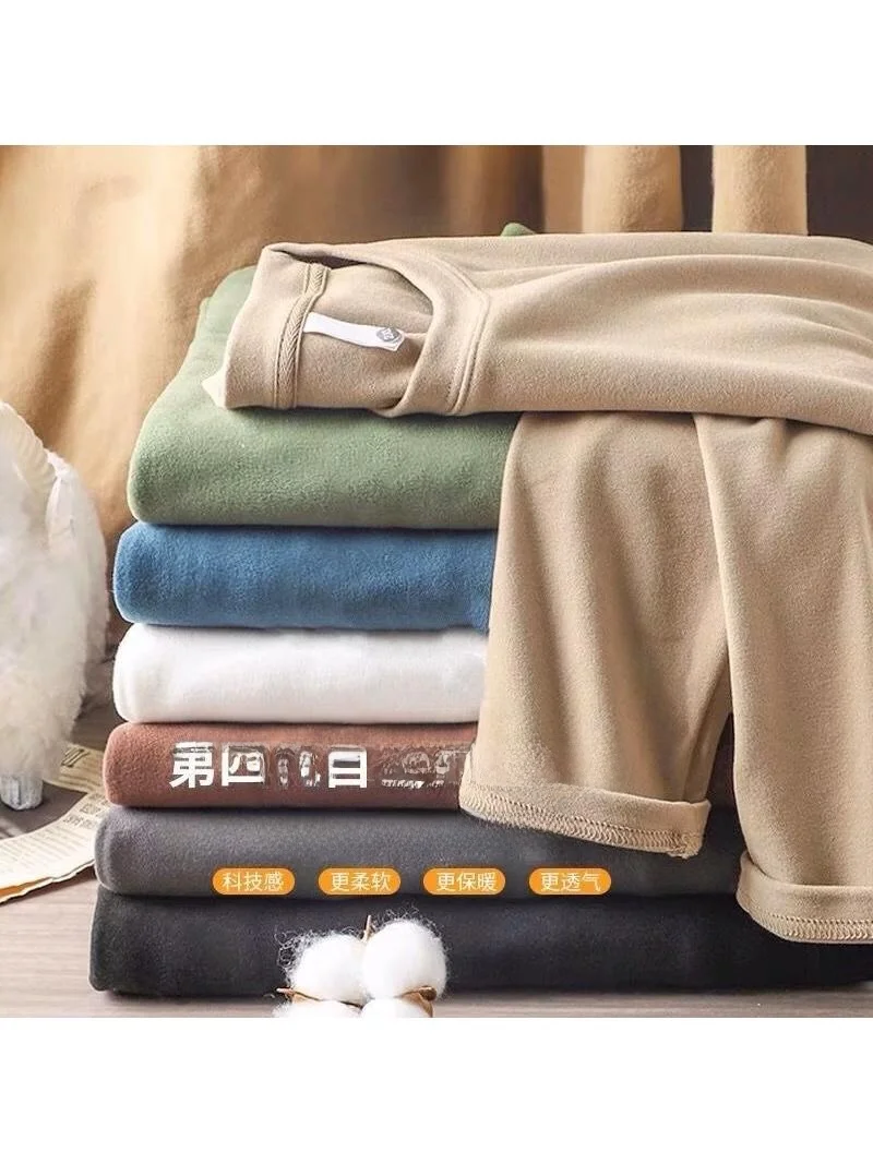 

Men's round Ne Fce Lined Long Sve Base irt Autumn Winter Sle Double Sided Velvet Loose Fit Color T-irt