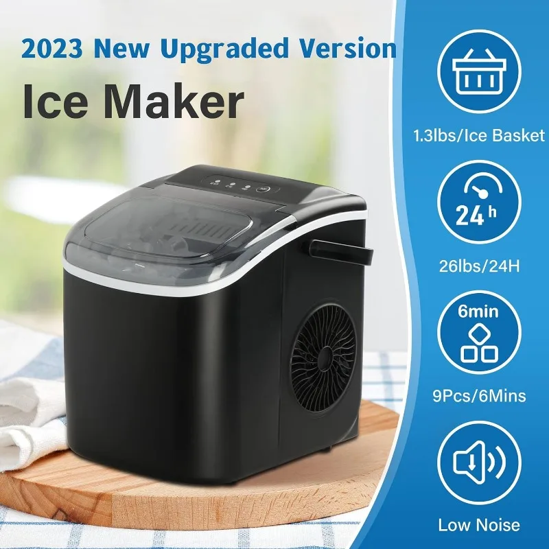 YSSOA Portable Ice Maker for Countertop, 6 Mins 9 Ice Cubes, 26lbs Ice/24H, Self-Cleaning,with Ice Spoon and Basket, for Kitchen