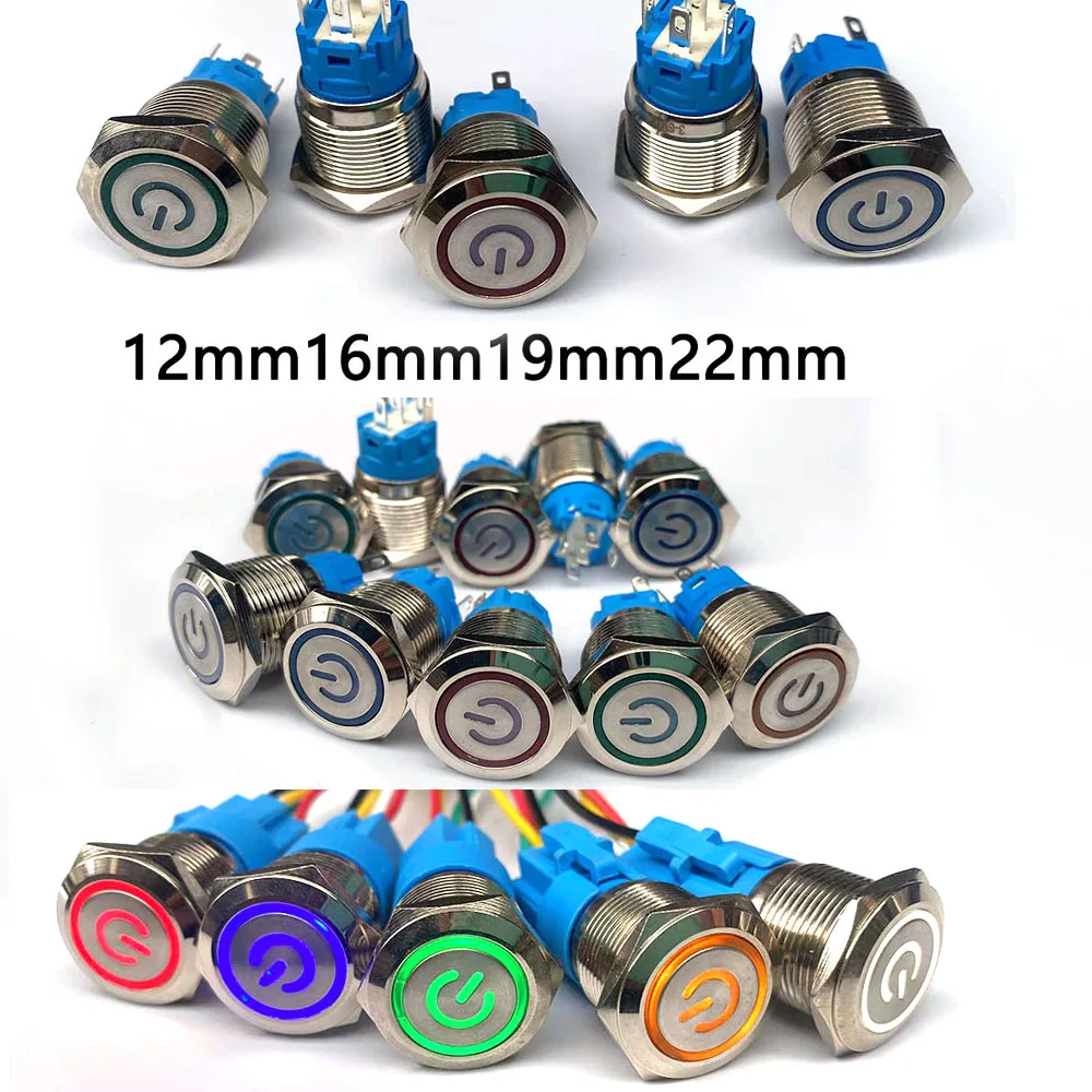 12/16/19/22mm Waterproof Metal Push Button Switch LED Light Momentary Latching Car Engine Power Switch 5V 12V 24V 220V Red Blue