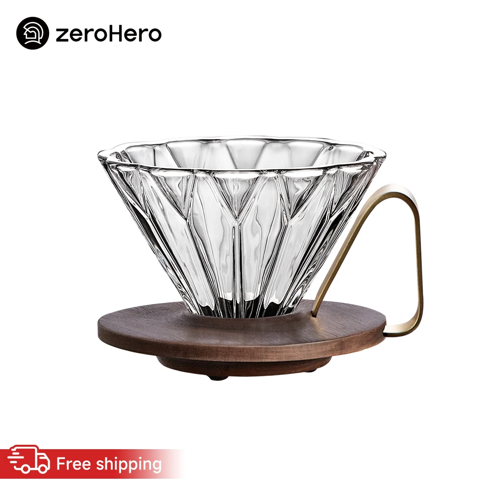 zeroHero Prisma Glass Coffee Dripper Walnut Wood Base Heat Resistant Borosilicate 58 Degree Pour Over Filter Cup for Home Office