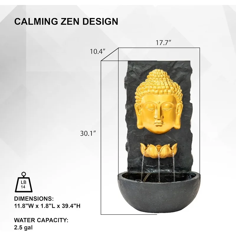 Fuente de agua de jardín al aire libre Zen de Buda de pared de resina de fibra de 30 pulgadas H con luz LED cálida, dorada