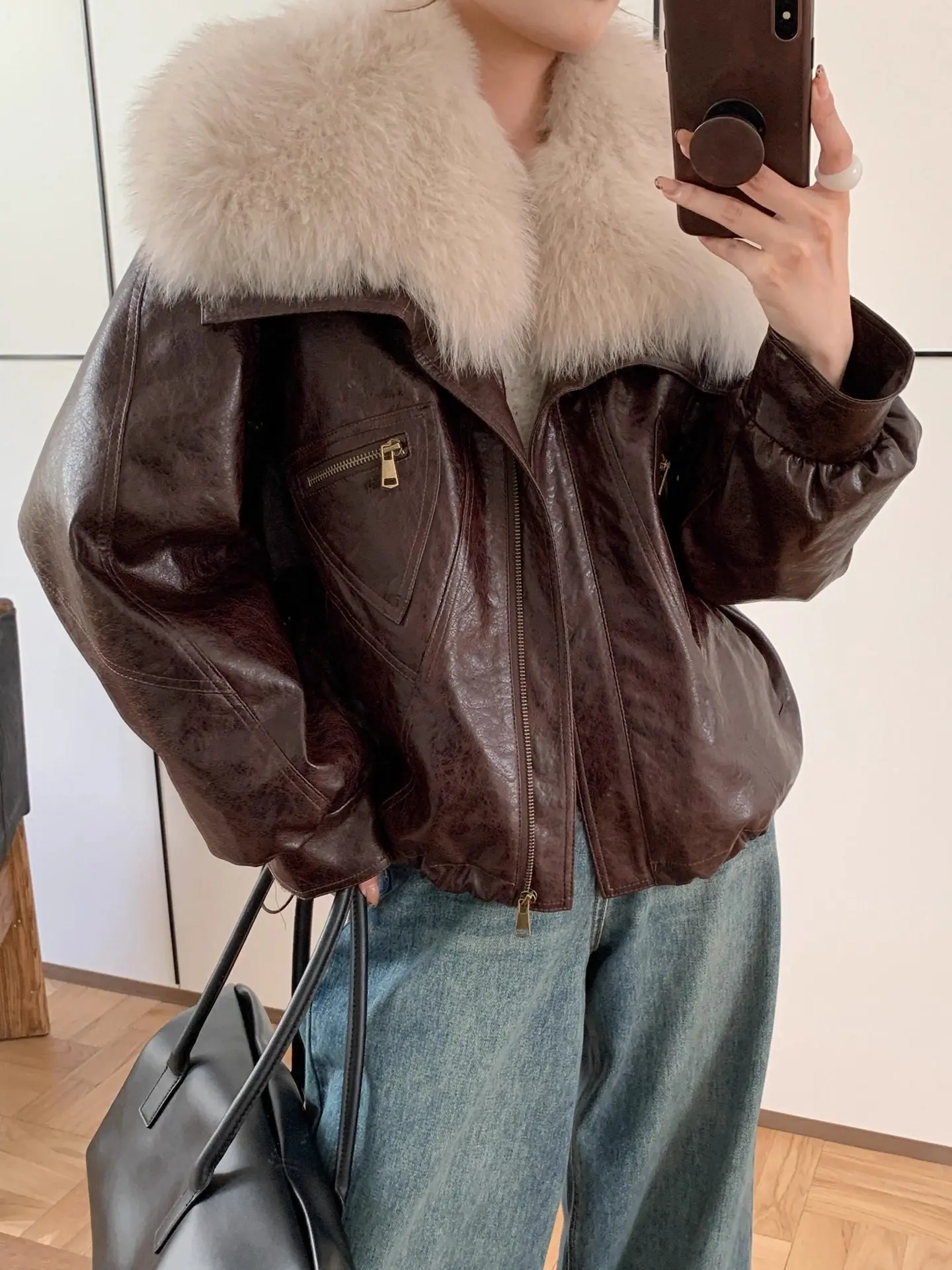 Winter new motorcycle oil wax leather suede velvet large fur collar fox fur fur coat for women