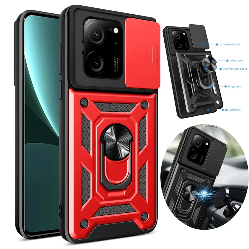 

Для XiaoMi 14 Ultra 12X 11 Lite 15 13T Pro Чехол для телефона с магнитным кольцом Слайд для камеры Военный класс Броня Защитные мягкие чехлы