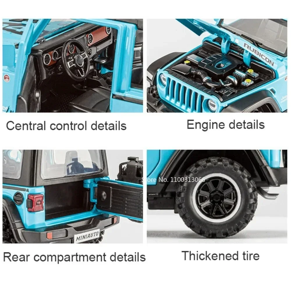 1:32 Wrangler Rubicon modelos de coches de juguete, coche de policía en miniatura de aleación, modelo de vehículo, sonido ligero, coche todoterreno para niños, regalo de cumpleaños