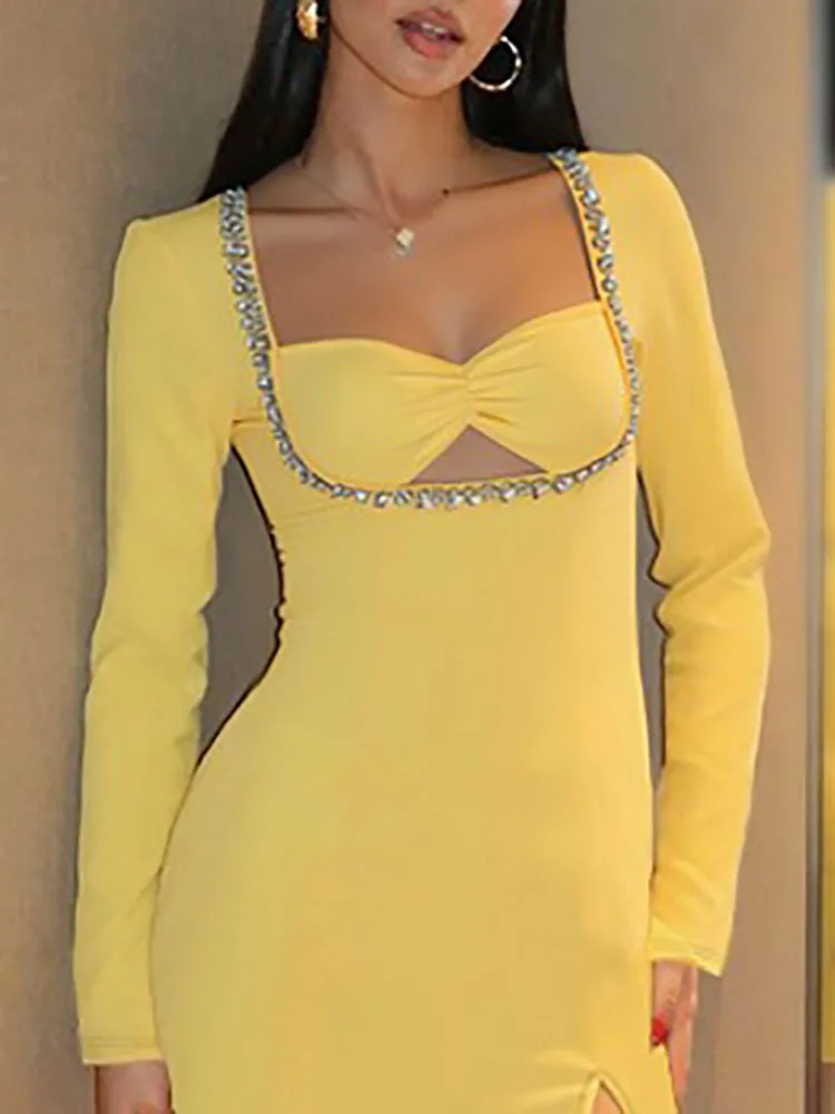 Elegante Temperament Datum Kleid Diamant Patchwork Lange Ärmeln Herbst Party Kleid Frauen Casual Square Neck Hohe Taille Prom Kleid