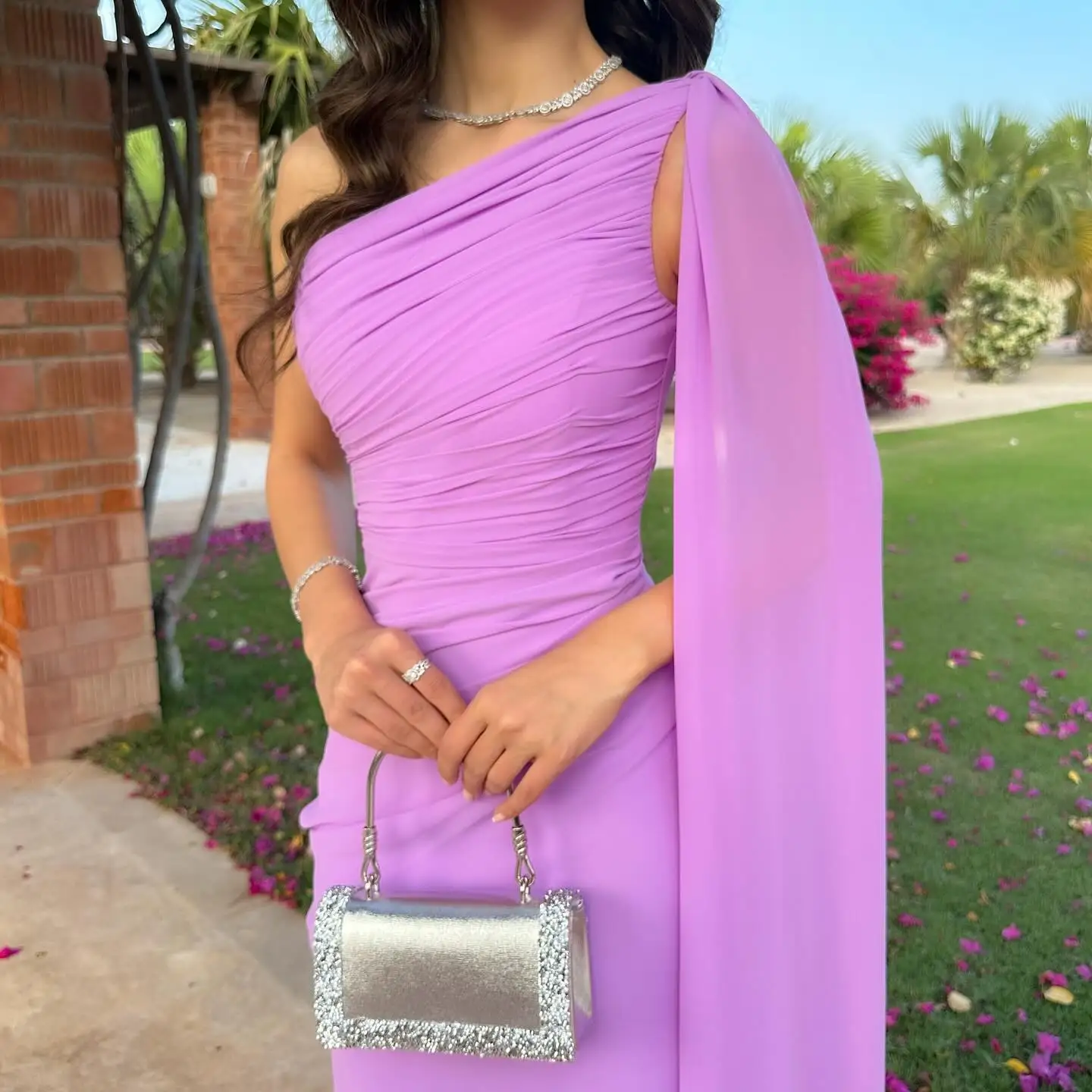 Aenyrst 사우디 아라비아 우아한 보라색 댄스 파티 드레스 여성 한 어깨 프릴 파티 이브닝 ​​가운 발목 길이 특별 행사 가운