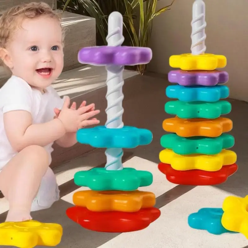 Baby Montessori Puzzle Spinner and Stacking Rainbow Tower Game; Develop Motor Skills; Perfect Kids Gift Set