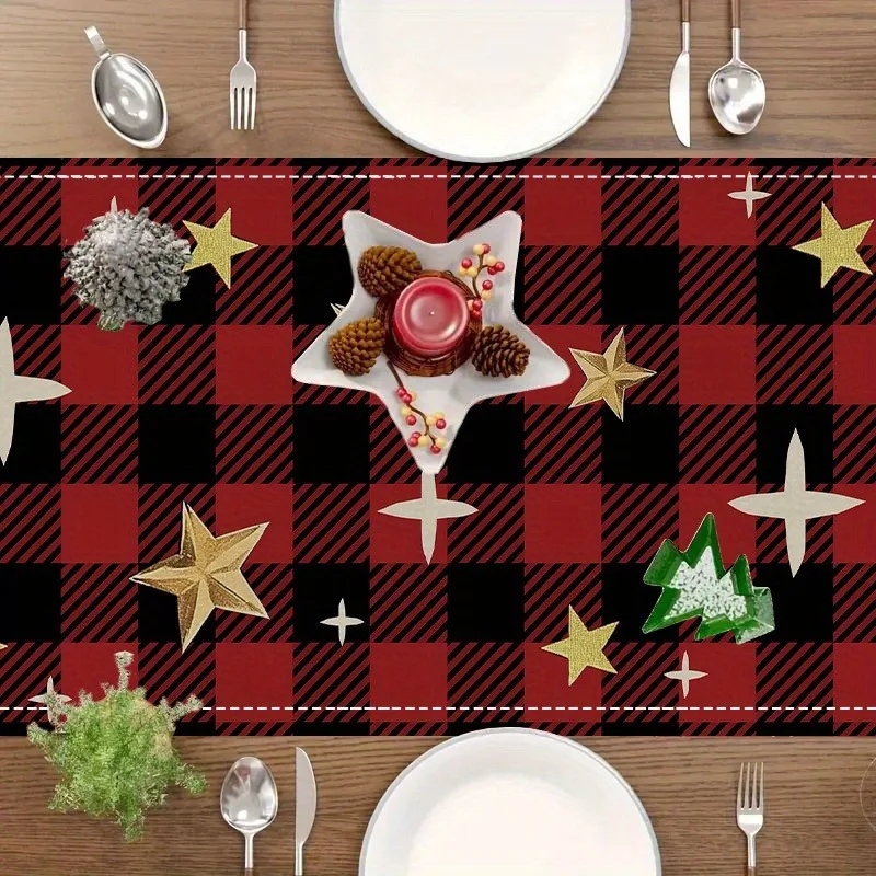 Christmas Nativity Table Runner, Red Black Buffalo Plaid Holy Family Angel Sheep Print, Farmhouse Religious Xmas Holiday Dining