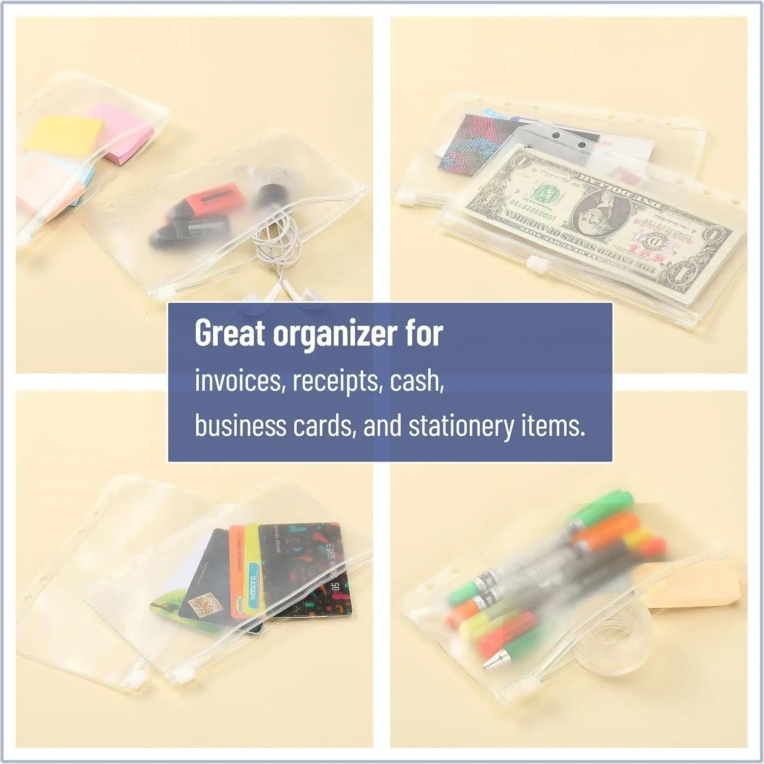 12pcs A5/A6 Size Binder Pockets 6 Holes Budget Cash Envelopes for Budget, Clear Zipper Waterproof PVC Document Pouch Filing Bags