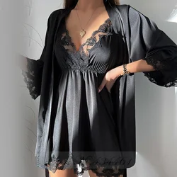 Female 2PCS Robe Nightgown Set Sexy Lace Kimono Bathrobe Gown Underwear Spring Summer Satin Sleepwear Nightdress Loose Home Wear