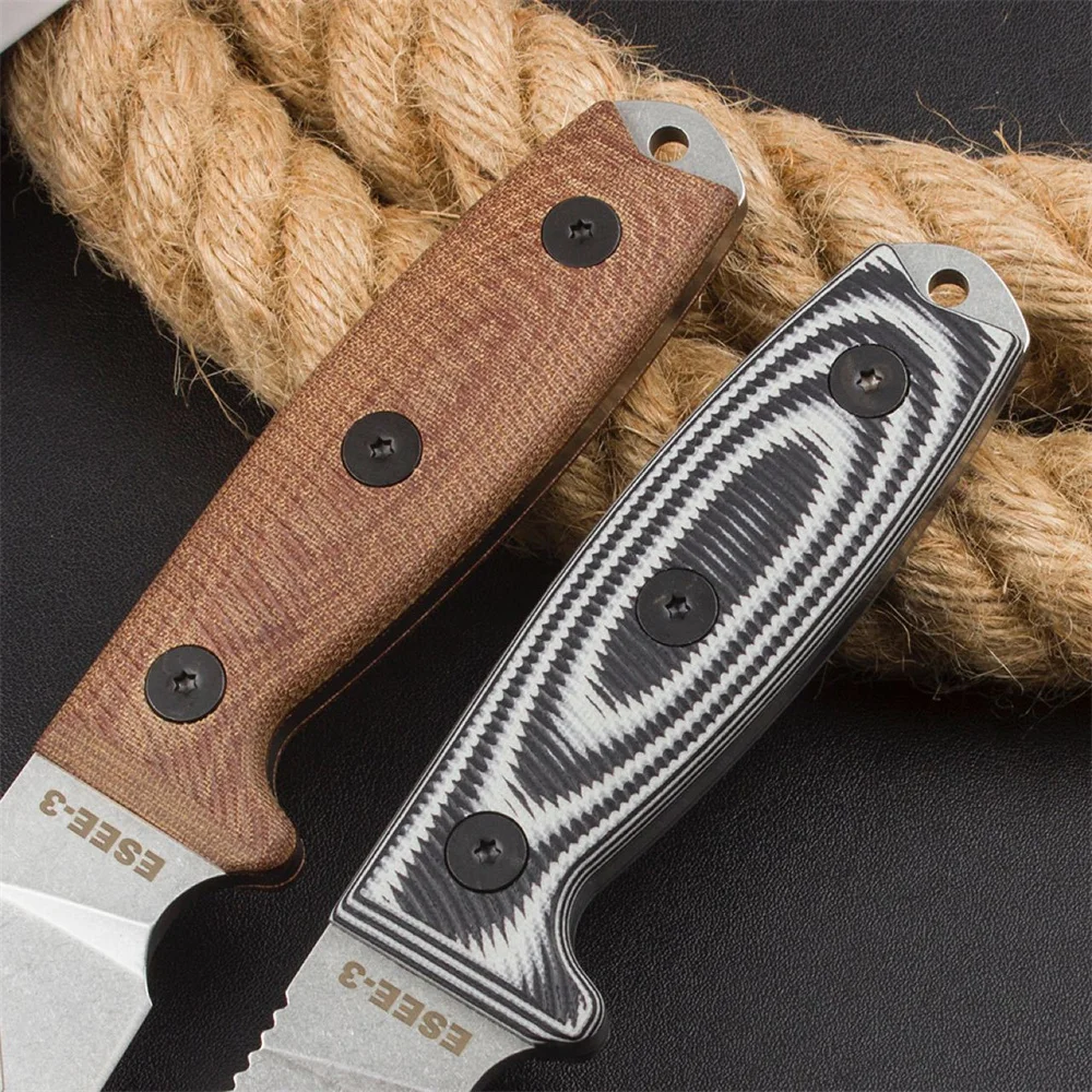 ESEE-3 Fixed Blade Knife Rowen Tactical Outdoor Knife Black and White G10/Brown Linen Handle Camping EDC Survival Hunting Tool