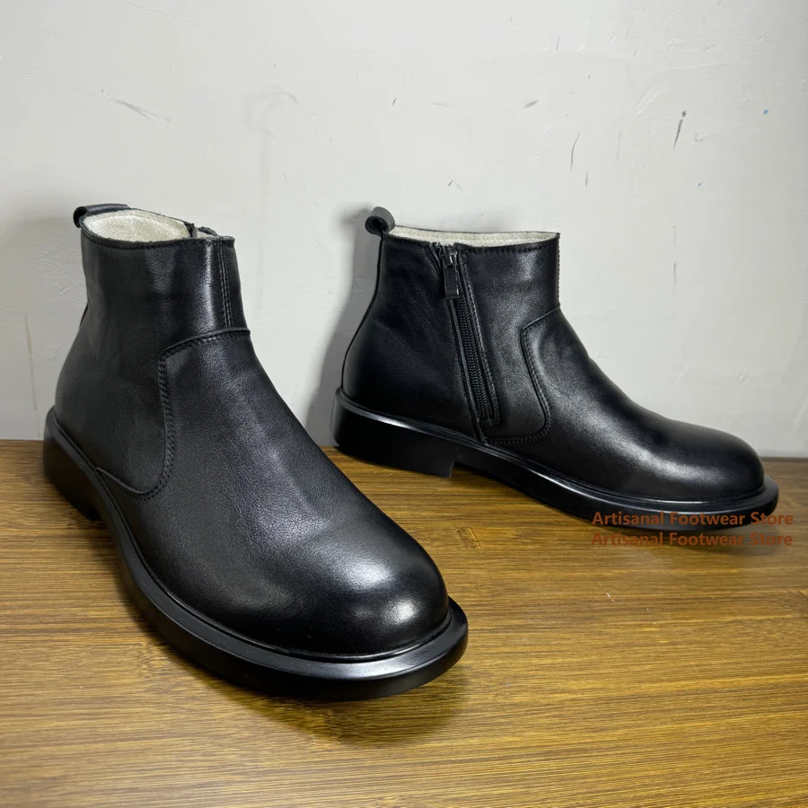 High Top Plush Chelsea Boots Round Toe Side Zipper Sheepskin and Wool Integrated Ankle Snow Boots Winter Warm Men's Boots