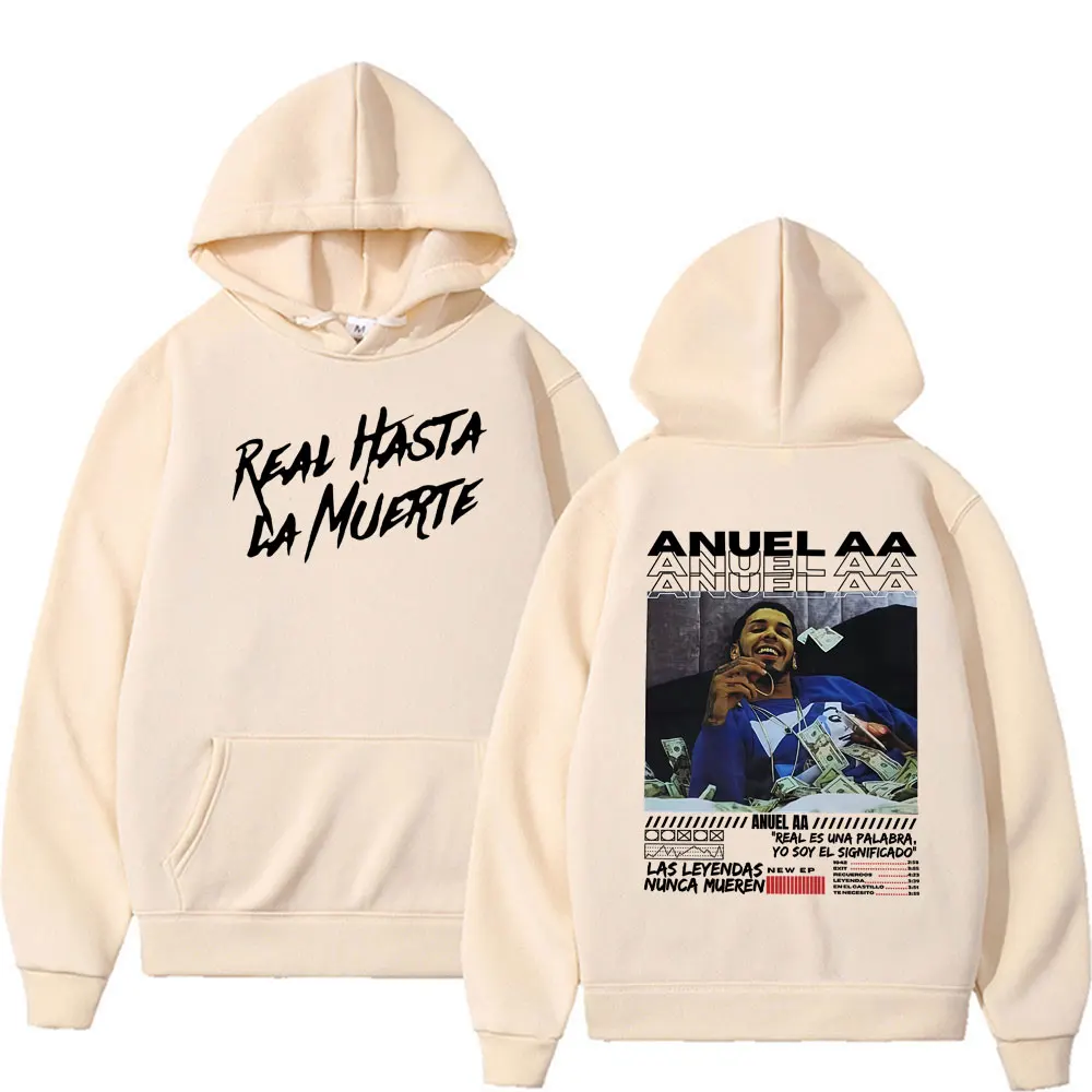 مغني الراب Anuel AA Real Hasta La Muerte جرافيك هوديي ملابس للرجال 90s بلوفرات عصرية عتيقة للجنسين بلوزات فضفاضة غير رسمية